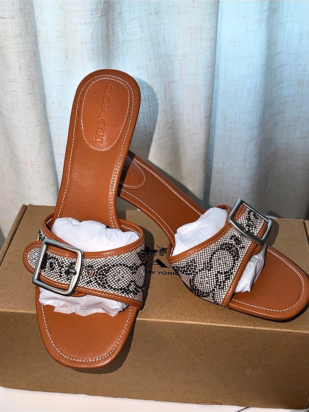 Coach Margot Sandals in Signature Jacquard Heels in Brown & Black